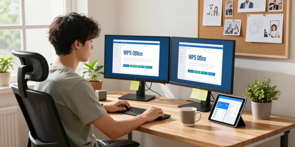 WPS Download page displayed on dual monitors in a bright home office
