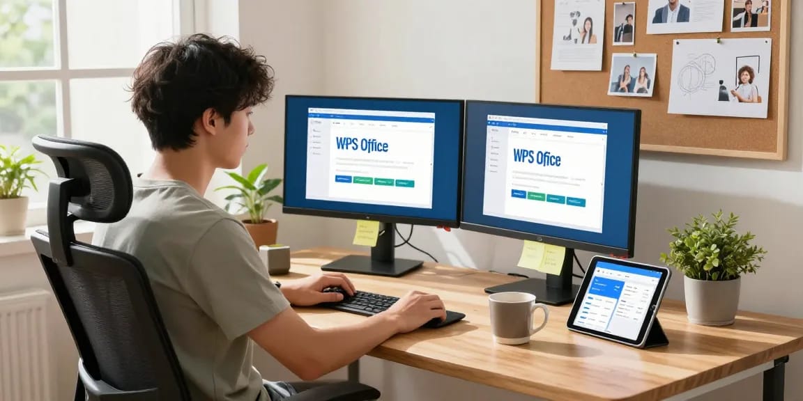 WPS Download page displayed on dual monitors in a bright home office