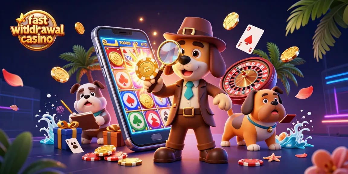 Fast withdrawal casino scene with a detective bloodhound analyzing poker chips and slot games.