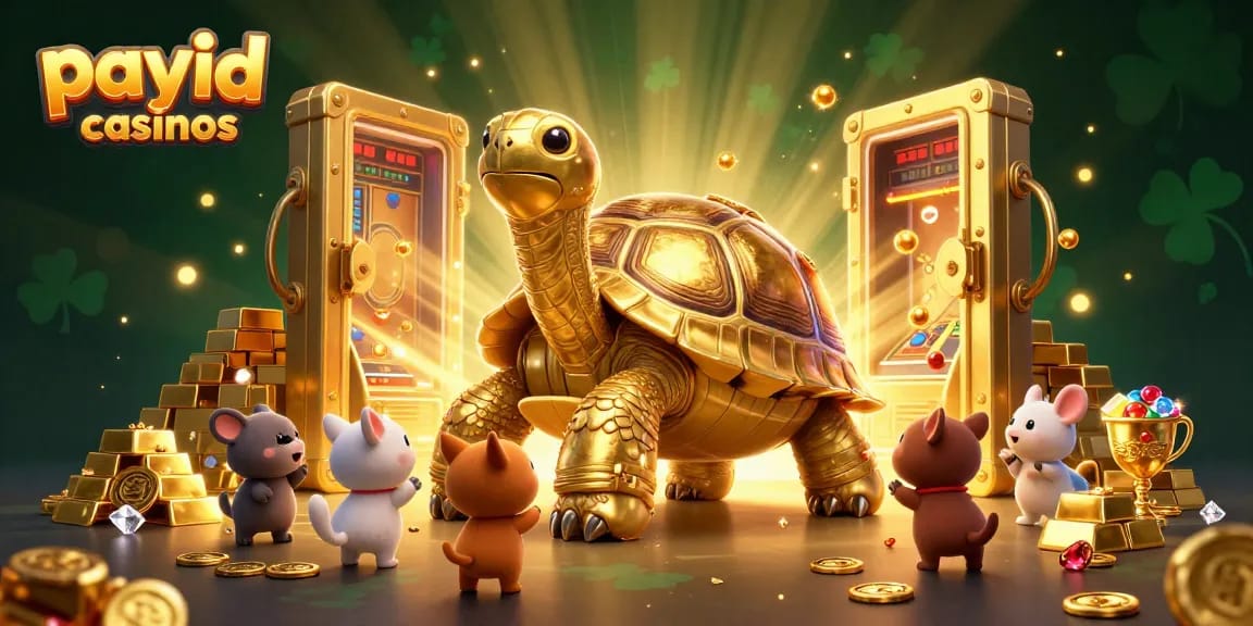 Experience thrilling payid casinos with a colossal tortoise pinball machine surrounded by treasure and excitement.