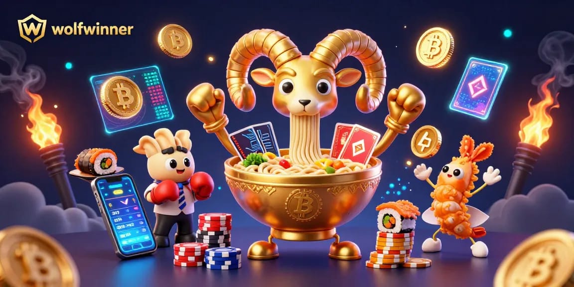 wolfwinner's fun 3D scene depicting a golden ramen bowl dealer and dynamic crypto elements in an online casino atmosphere.