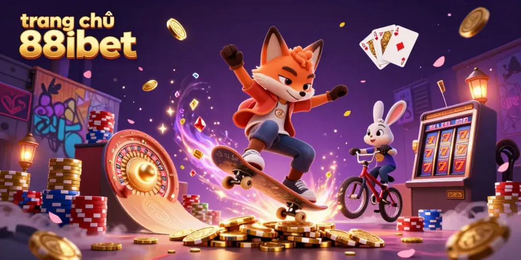 Engage in thrilling casino action at trang chủ 88ibet with dynamic characters and casino symbols bursting around.