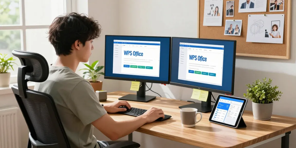 WPS Download page displayed on dual monitors in a bright home office