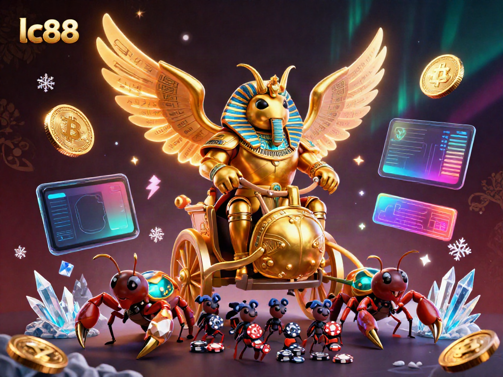 Play thrilling games at lc88 with a golden scarab beetle and gems among vibrant crypto elements.