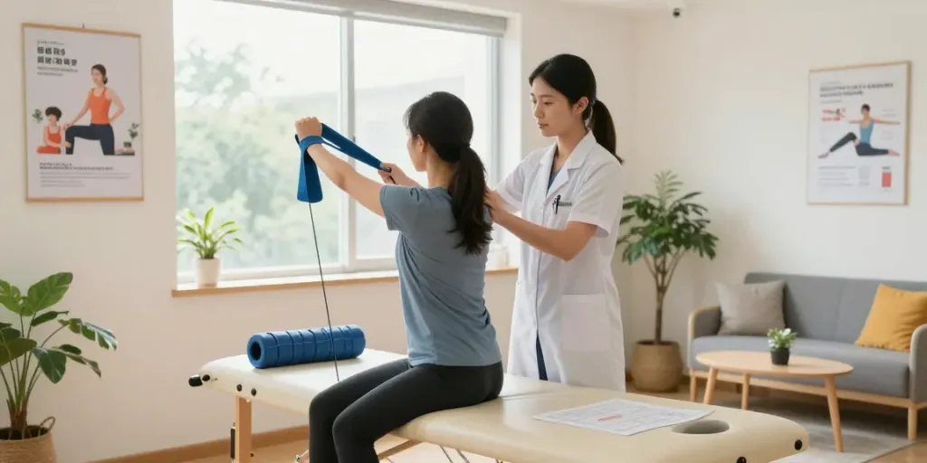 Best physiotherapist burlington clinic scene with patient rehabilitation exercises and supportive therapist.