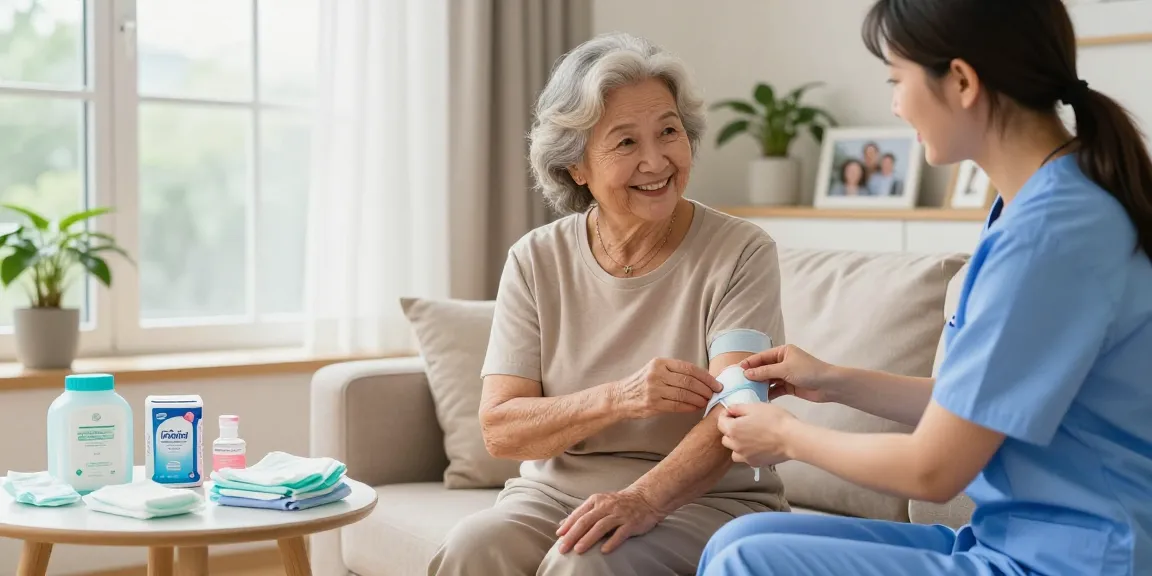 Assisting with incontinence supplies in a cozy home nursing environment, promoting comfort and care.
