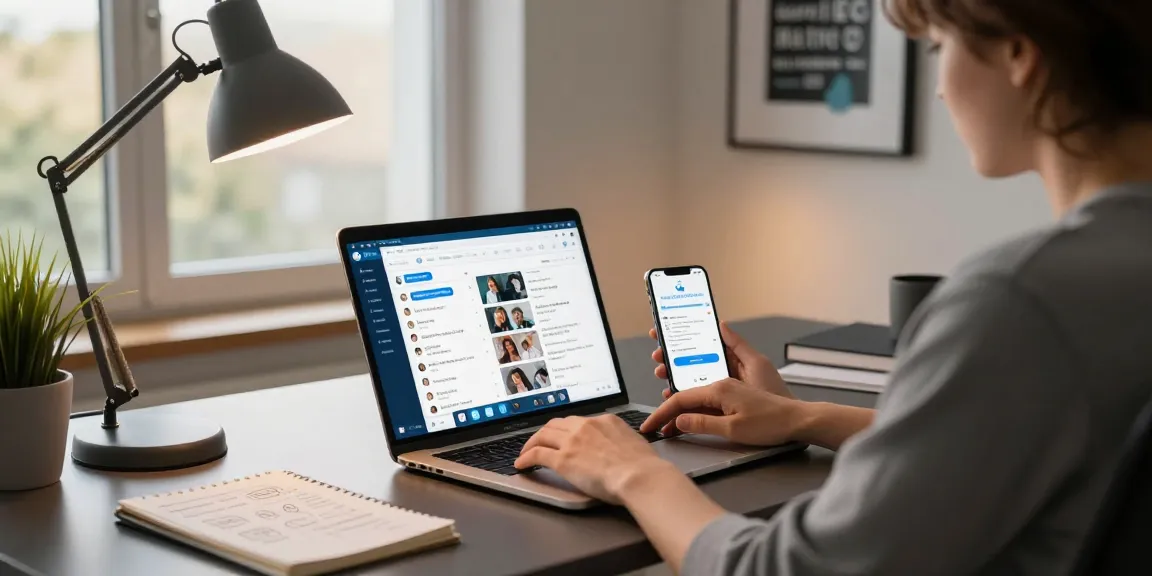 Engaged user accessing Telegram Web Version from modern workspace with laptop, smartphone, and creative notes.