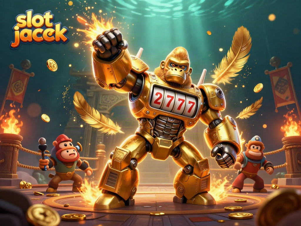 Experience the thrill of the slot jackpot with a dynamic golden gorilla mech illustration and spinning reels.