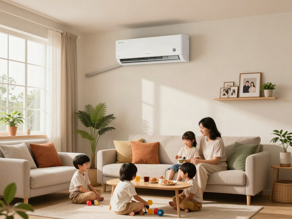Ductless air conditioner in a cozy living room with a family enjoying quality time together.