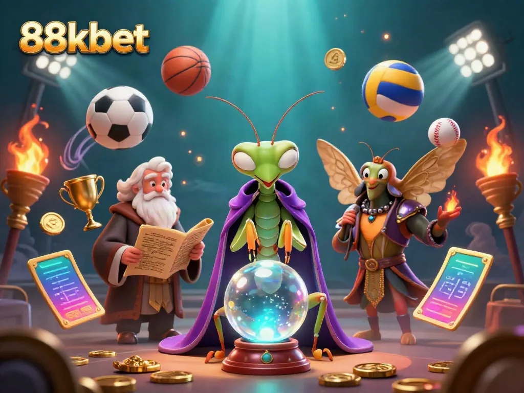 Experience the magic of 88kbet with a vibrant illustration showcasing a fortune teller and moth librarian surrounded by dynamic gaming elements.