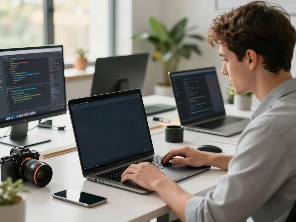 Engaged professional analyzing GBApps features on smartphone in a modern tech workspace.