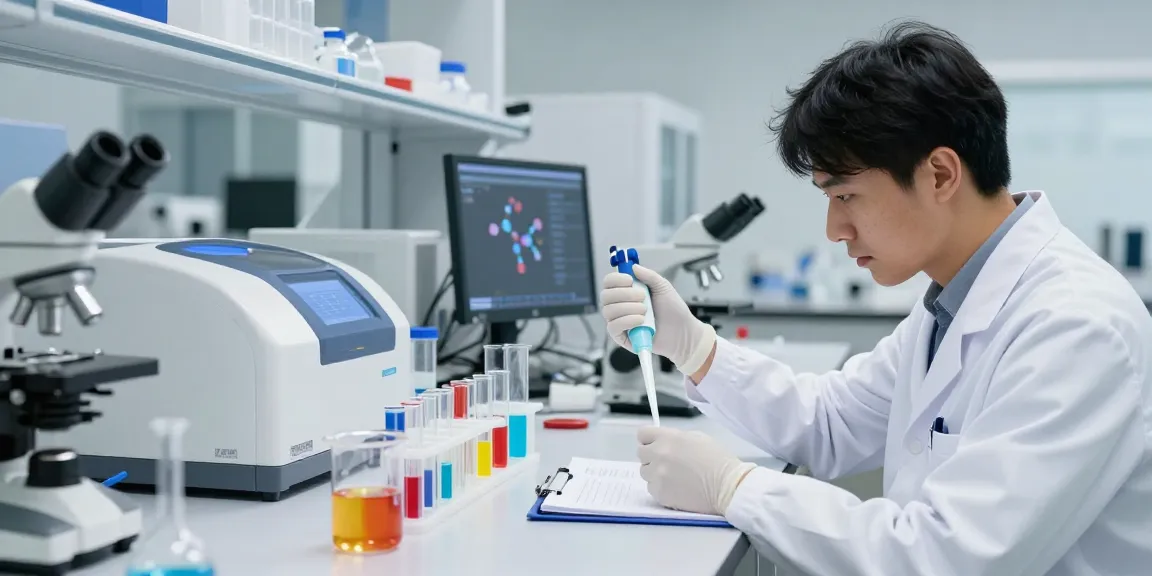 Researcher analyzing peptides for sale in a modern laboratory setting with colorful solutions and advanced equipment.