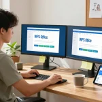 WPS Download page displayed on dual monitors in a bright home office