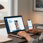 Engaged user accessing Telegram Web Version from modern workspace with laptop, smartphone, and creative notes.