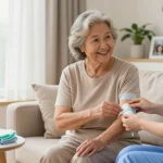 Assisting with incontinence supplies in a cozy home nursing environment, promoting comfort and care.