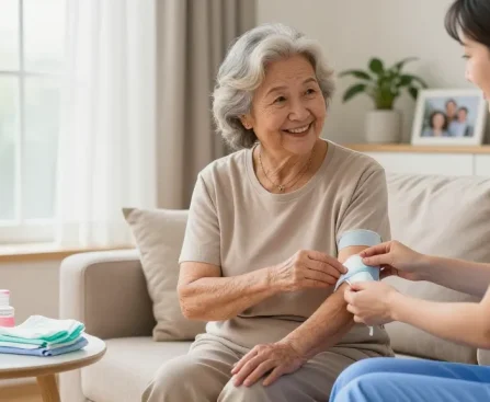 Assisting with incontinence supplies in a cozy home nursing environment, promoting comfort and care.