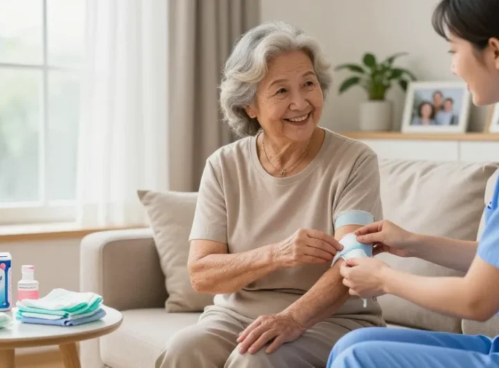Assisting with incontinence supplies in a cozy home nursing environment, promoting comfort and care.